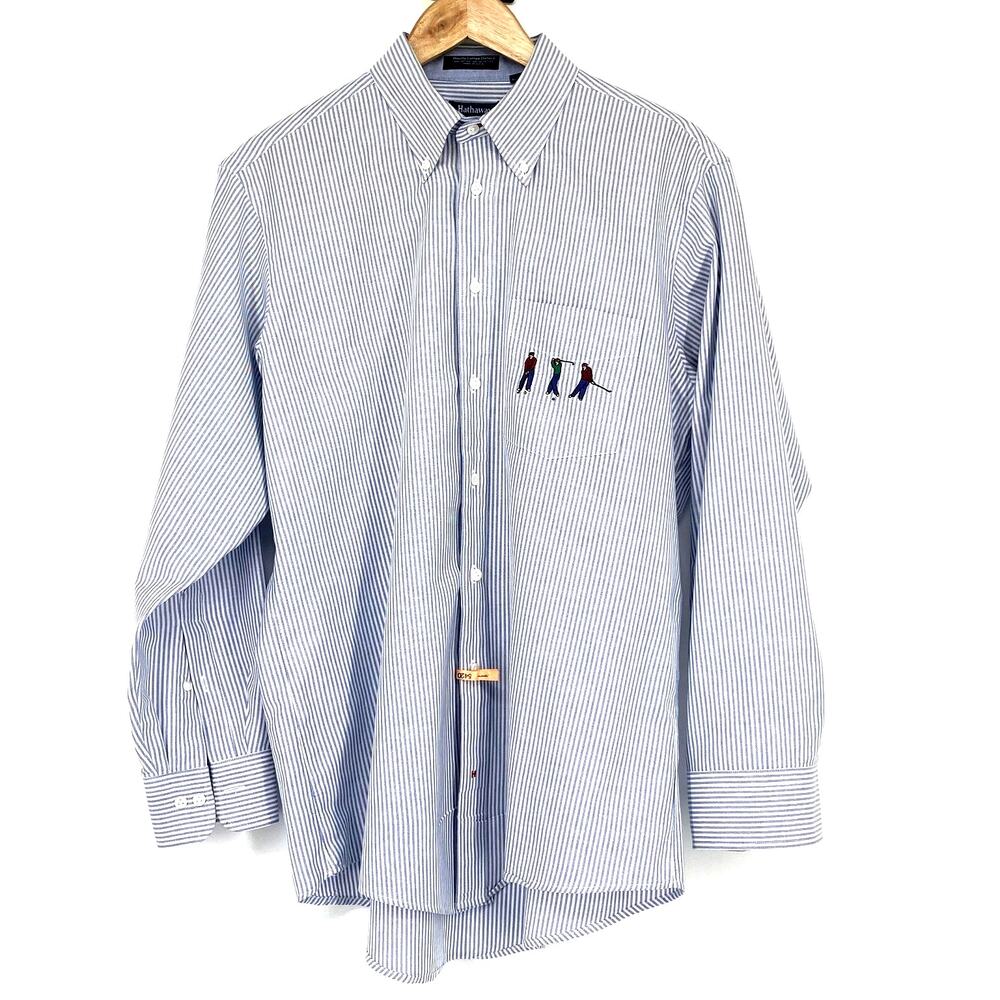 Hathaway Golf Blue Striped Long Sleeve Button Front Mens Shirt 16.5 32/33